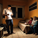 ** A Tunisian family struggling to pay their electricity bill in a dimly lit home. The scene should depict hardship and financial strain. Focus on the expressions of concern and the contrast between the high electricity bill and the family's modest surroundings.

**