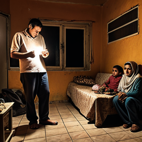 ** A Tunisian family struggling to pay their electricity bill in a dimly lit home. The scene should depict hardship and financial strain. Focus on the expressions of concern and the contrast between the high electricity bill and the family's modest surroundings.

**
