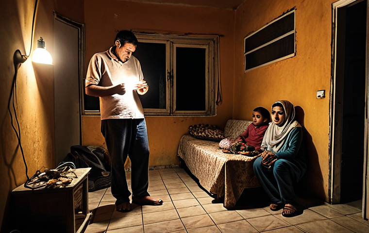 ** A Tunisian family struggling to pay their electricity bill in a dimly lit home. The scene should depict hardship and financial strain. Focus on the expressions of concern and the contrast between the high electricity bill and the family's modest surroundings.

**
